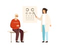 Cartoon senior male at ophthalmologist reception vector flat illustration. Female oculist examination vision of patient