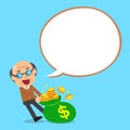 Cartoon senior man and big money bag with white speech bubble