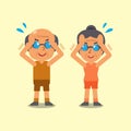 Cartoon senior man and senior woman doing isometric neck flexion exercise