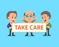 Cartoon senior men holding take care sign Royalty Free Stock Photo