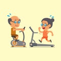 Cartoon senior people doing exercise with exercise bike and treadmill