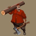 Cartoon serious gray haired man with an ax in his hand carries a log on his shoulder