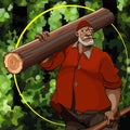 Cartoon serious gray haired man carries a log on his shoulder in a summer forest