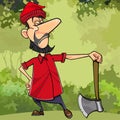 Cartoon serious lumberjack in forest with an ax