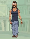 Cartoon serious sporty man with long hair and beard walks