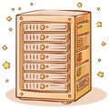 Cartoon server rack with multiple hard drives surrounded by stars for data processing Royalty Free Stock Photo