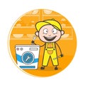 Cartoon Service Man Repairing Washing Machine Vector Illustration