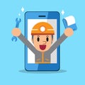 Cartoon service technician with smartphone