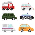 Cartoon service vehicles, service vehicle illustrations, fire truck, ambulance, police, military vehicle, mail delivery, taxi