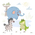 Cartoon set of African wild animals. Crocodile, elephant and zebra characters. Cute zoo or safari park inhabitants.