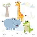 Cartoon set of African wild animals. Giraffe, hippo and crocodile characters. Cute zoo or safari park inhabitants. Royalty Free Stock Photo