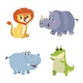 Cartoon set of African wild animals. Hippo, crocodile, lion and rhino characters. Cute zoo or safari park inhabitants. Royalty Free Stock Photo