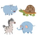 Cartoon set of African wild animals. Hippo, turtle, elephant and zebra characters. Cute zoo or safari park inhabitants. Royalty Free Stock Photo