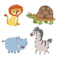 Cartoon set of African wild animals. Hippo, turtle, lion and zebra characters. Cute zoo or safari park inhabitants. Royalty Free Stock Photo