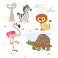 Cartoon set of African wild animals. Zebra, lion, flamingo and turtle characters. Cute zoo or safari park inhabitants. Royalty Free Stock Photo