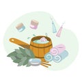 Cartoon set of accessories for bath and sauna, spa treatment. Hygiene products. Birch broom, soap, tub of water, towels