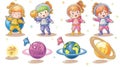 A cartoon set of a child astronaut playing with planets. A cute little girl in pink clothes holding the Earth, standing Royalty Free Stock Photo