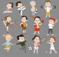 Cartoon set of children in sports training. Collection of children involved in various sports. Vector illustration for Royalty Free Stock Photo