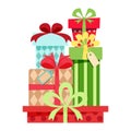 Cartoon, set of colored gift boxes. gifts are piled up. Birthday, sale, holidays Royalty Free Stock Photo