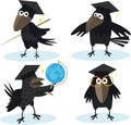 Cartoon set crow with bachelor cap and globus vector image Royalty Free Stock Photo