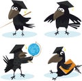 Cartoon set crow with bachelor cap and globus vector image Royalty Free Stock Photo