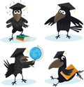 Cartoon set crow with bachelor cap and globus vector image Royalty Free Stock Photo