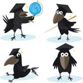 Cartoon set crow with bachelor cap and globus vector image Royalty Free Stock Photo