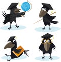 Cartoon set crow with bachelor cap and globus vector image Royalty Free Stock Photo