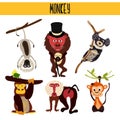 Cartoon Set of Cute Animals monkeys living in different parts of the world forests and tropical jungle .Macaque, gorilla, Yukari,