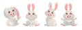 Cartoon set of cute bunnies. Banner with vector illustrations. Vector grey bunny is sitting, jumping in cute poses