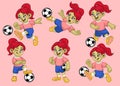 Cartoon set of cute girl of soccer player