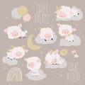 Cartoon Set with Cute Lambs sleeping on Clouds Royalty Free Stock Photo