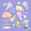 Cartoon Set with Cute Mermaids and Fuuny Fish