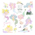 Cartoon Set with Cute Mermaids and Spring Flowers Royalty Free Stock Photo