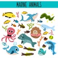 Cartoon Set of Cute sea Animals and living underwater in the waters of the seas and oceans . Shark, fish, piranha, octopus, mallus