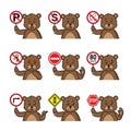 cartoon set cute teddy bear in poses telling different traffic signs