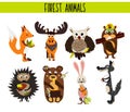 Cartoon Set of Cute Woodland and Forest Animals moose, owl, wolf, Fox, rabbit, beaver, bear, moose isolated on a white background. Royalty Free Stock Photo