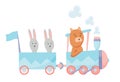 Cartoon set with different animals on trains. Bunny and bear. Flat vector elements for postcard, book or print Royalty Free Stock Photo