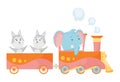 Cartoon set with different animals on trains. Elephant and two wolfs. Flat vector elements for postcard, book or print