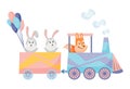 Cartoon set with different animals on trains. Fox and bunnies. Flat vector elements for postcard, book or print Royalty Free Stock Photo