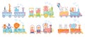 Cartoon set with different animals on trains. Fox giraffe monkey elephant bear pigs bunny tiger behemoth parrot. Flat Royalty Free Stock Photo