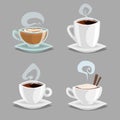 Cartoon set of different coffee cups. White and clean glass cups with cappuccino, black coffee, latte with heart draw milk cream.