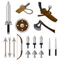 Cartoon Set of Different Weapons isolated on white background. Shield,Bow, Axe, Sword, Dagger, Stylet, Knife. Medieval Equipment.