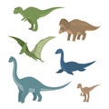 Cartoon set: diplodocus plesiosaur pterosaur triceratops tyrannosaurus velociraptor