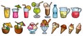 Cartoon set of doodle beverages, ice cream, fruits. Royalty Free Stock Photo