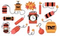 Cartoon set of dynamite and tnt explosives with timer and fuse. Collection of fire bomb and dangerous weapons to destroy. Game Royalty Free Stock Photo