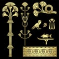 Cartoon set of elements in Egyptian style: papyrus plants, animals, hieroglyphs, floral pattern.