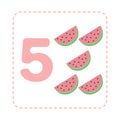 Cartoon Set of Fruit Flashcards with Numbers. Number Five with Watermelon