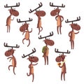 Cartoon set of funny brown moose in various poses. Eurasian elk with big horns Mammal forest animal character. Zoo theme