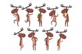 Cartoon set of funny brown moose in various poses. Eurasian elk with big horns Mammal forest animal character. Zoo theme